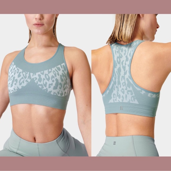 NWT Sweaty Betty‎ [ Medium ] Leopard Jacquard Stamina Sports Bra Vapour Blue - Picture 1 of 11